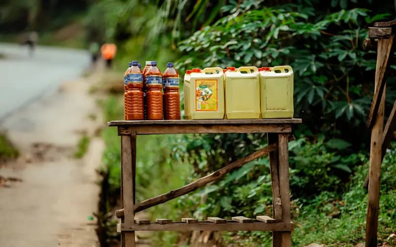 Bouteilles et bidons d'huile de palme sur l'étal d'un vendeur